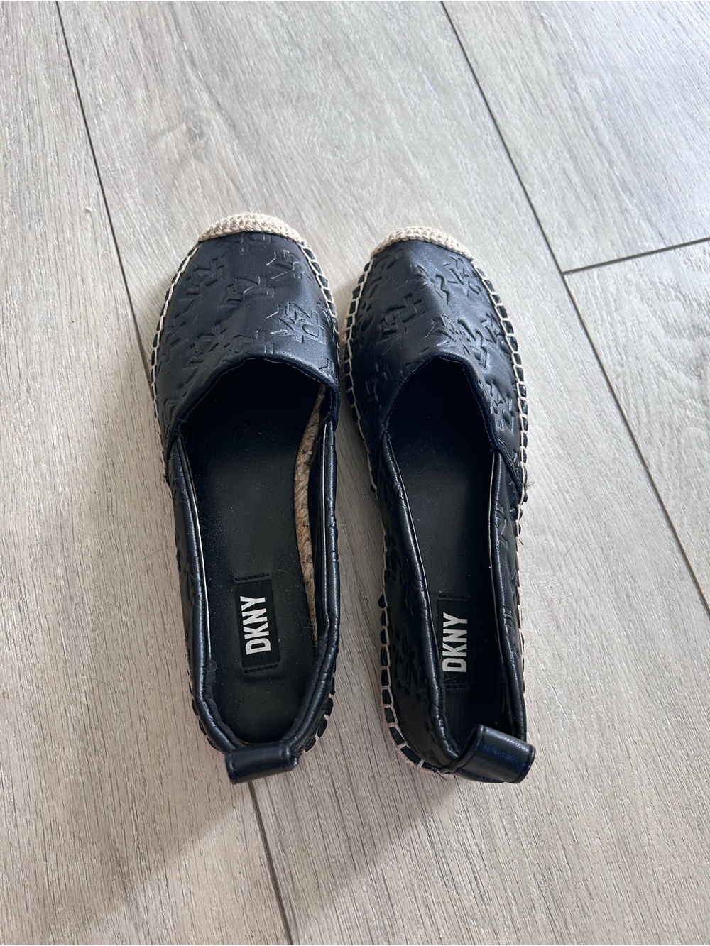 DKNY Black Embossed Leather Espadrille Flats Jute Toe Slip On Shoes Minimalist